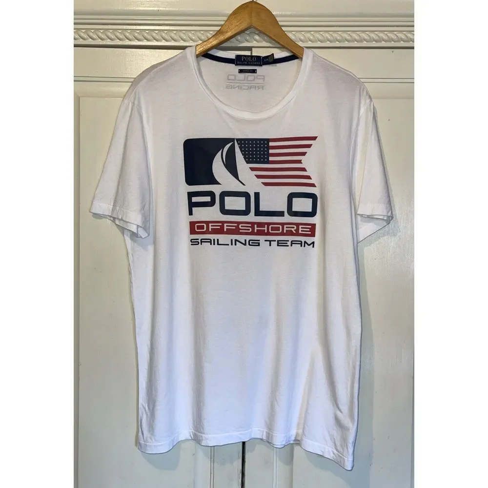 Polo Ralph Lauren T shirt Men L White Offshore Sailing Team American Flag Preppy